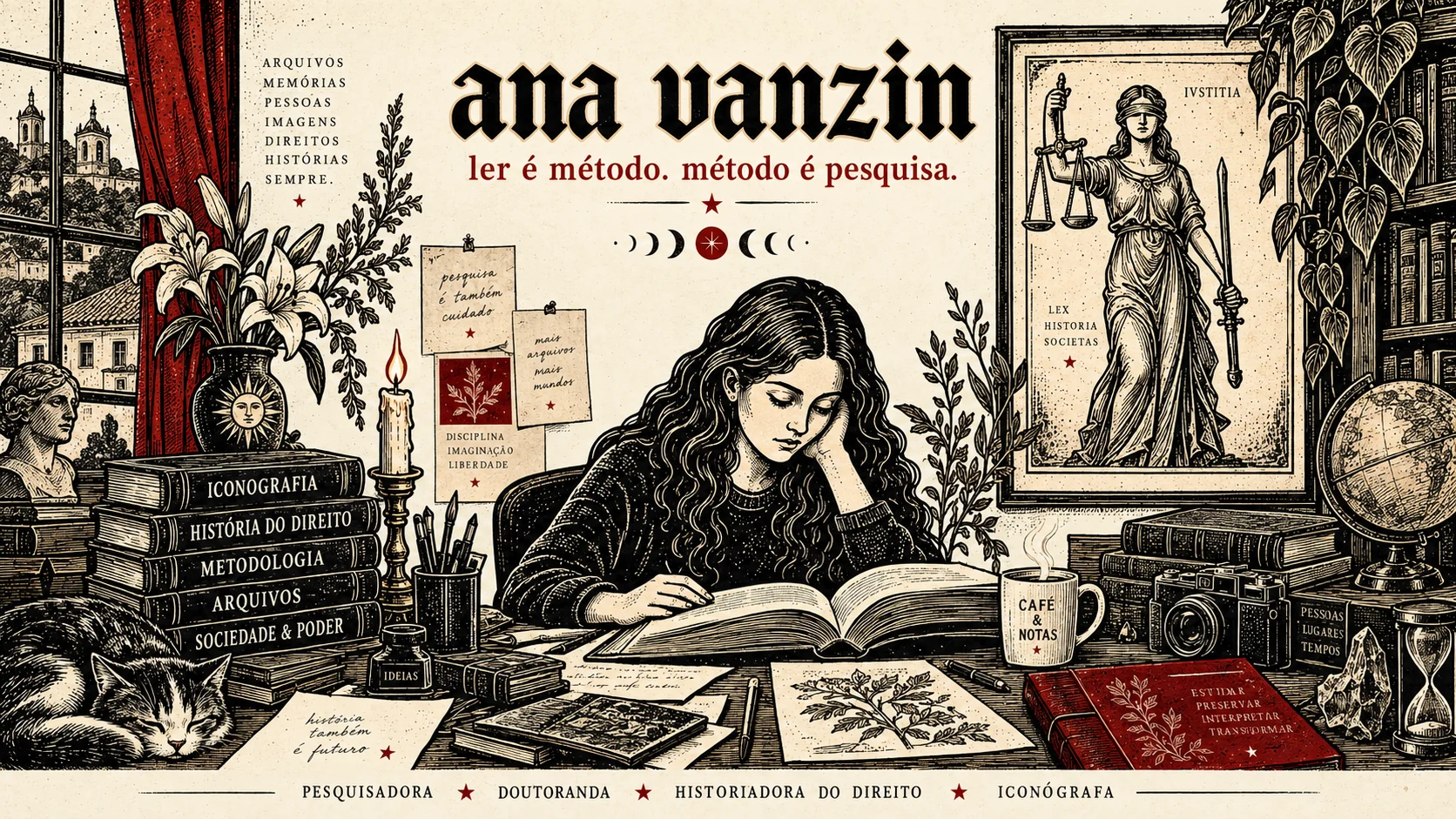 Ilustração em preto, marfim e bordô: mulher lendo entre livros e arquivos, com um gato e a alegoria da Justiça. No alto, Ana Vanzin: ler é método, método é pesquisa.
