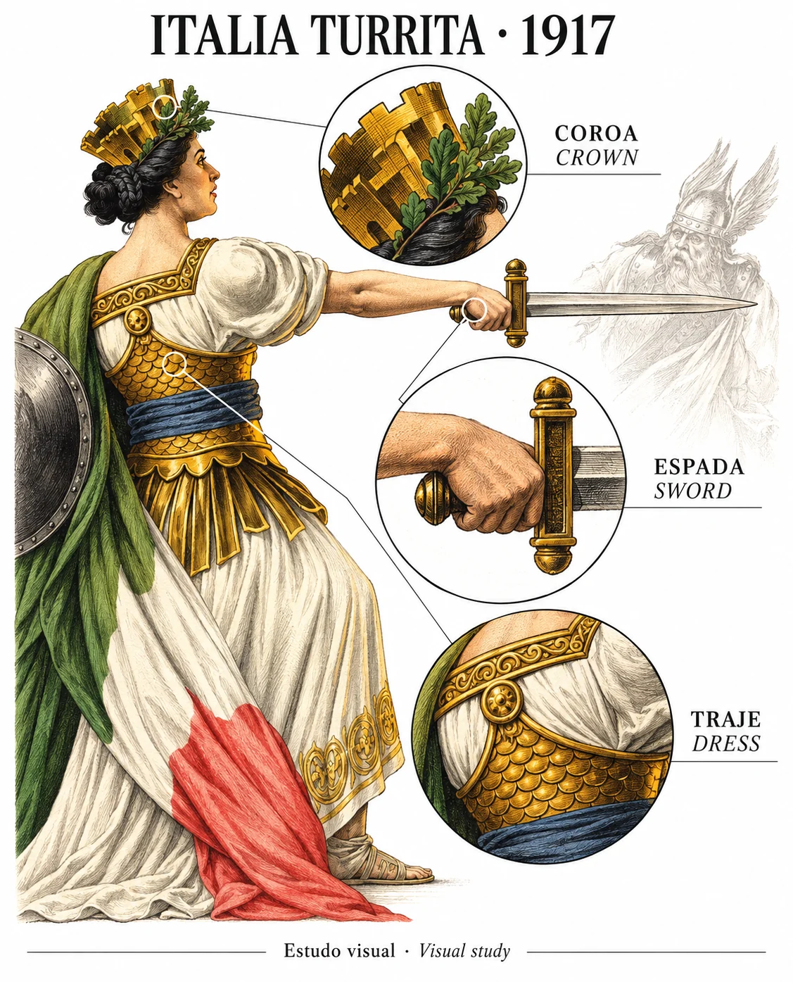 Estudo interpretativo de Italia Turrita com coroa mural