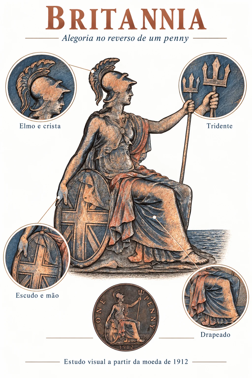 Estudo interpretativo de Britannia com elmo, tridente e escudo