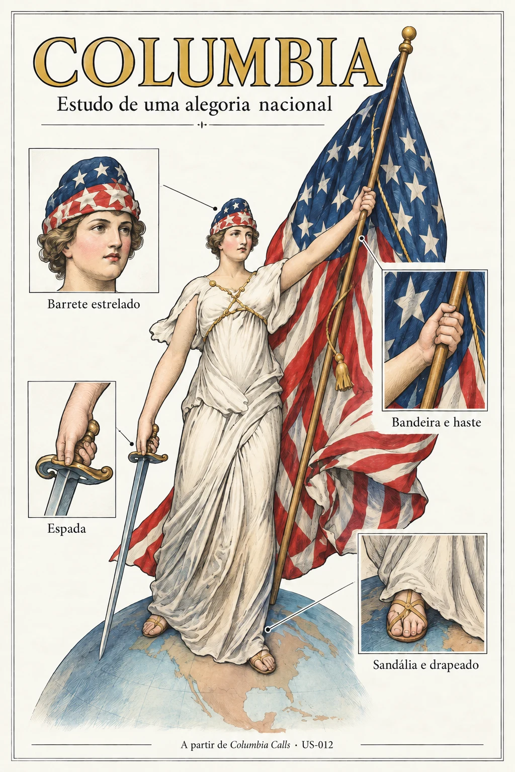 Estudo interpretativo de Columbia com bandeira e espada